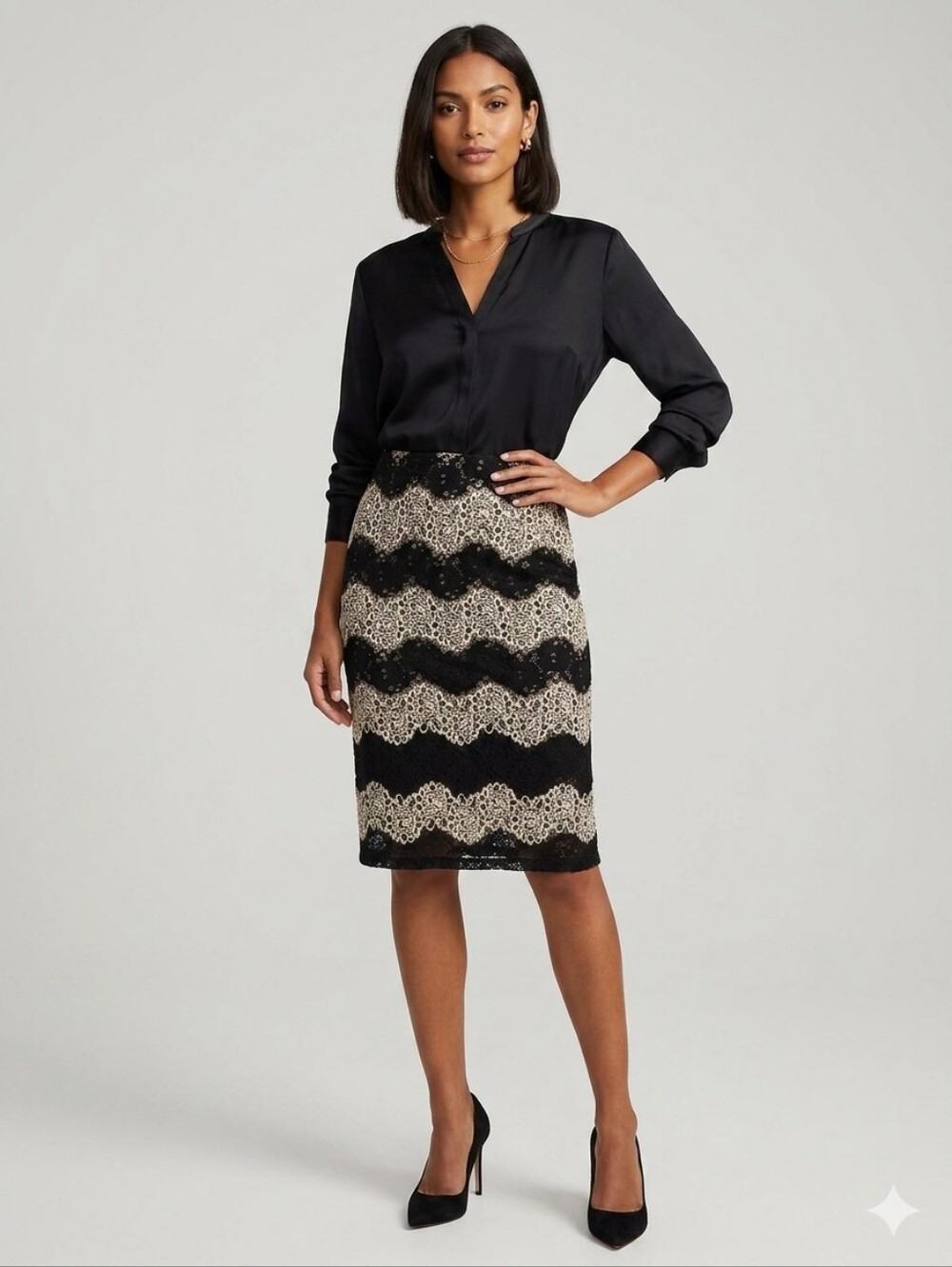 Soprano Black and Cream Lace Stripe Pencil Skirt - Picture 1 of 6